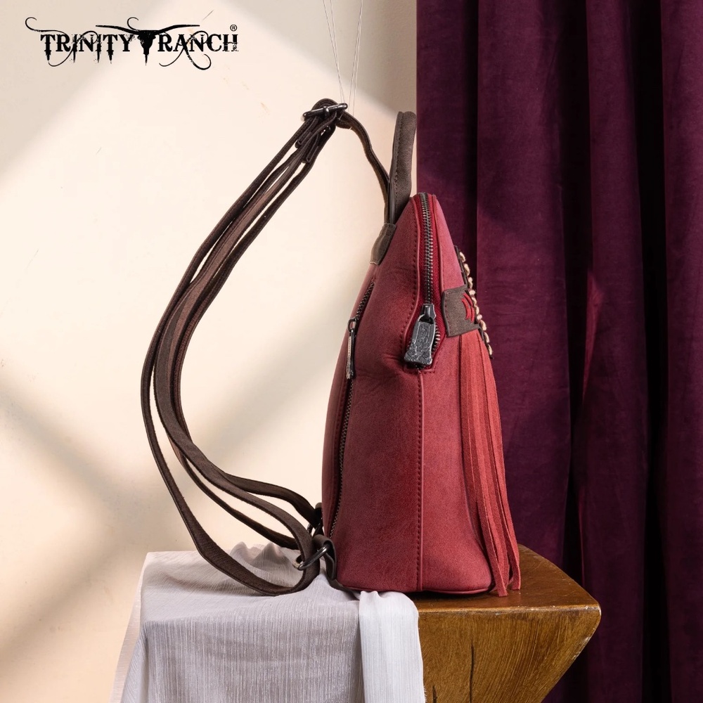 Trinity Ranch Aztec Tooled Fringe Concealed Carry Backpack Burgundy - Picture 5 of 6